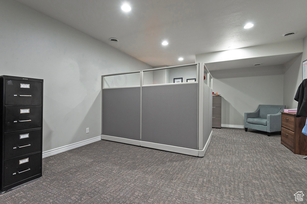 Finished basement with carpet floors, recessed lighting, and baseboards