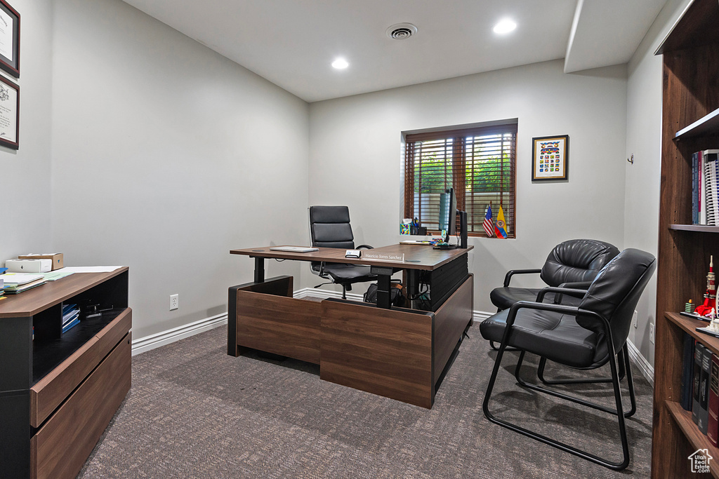 Office with carpet floors, baseboards, and recessed lighting