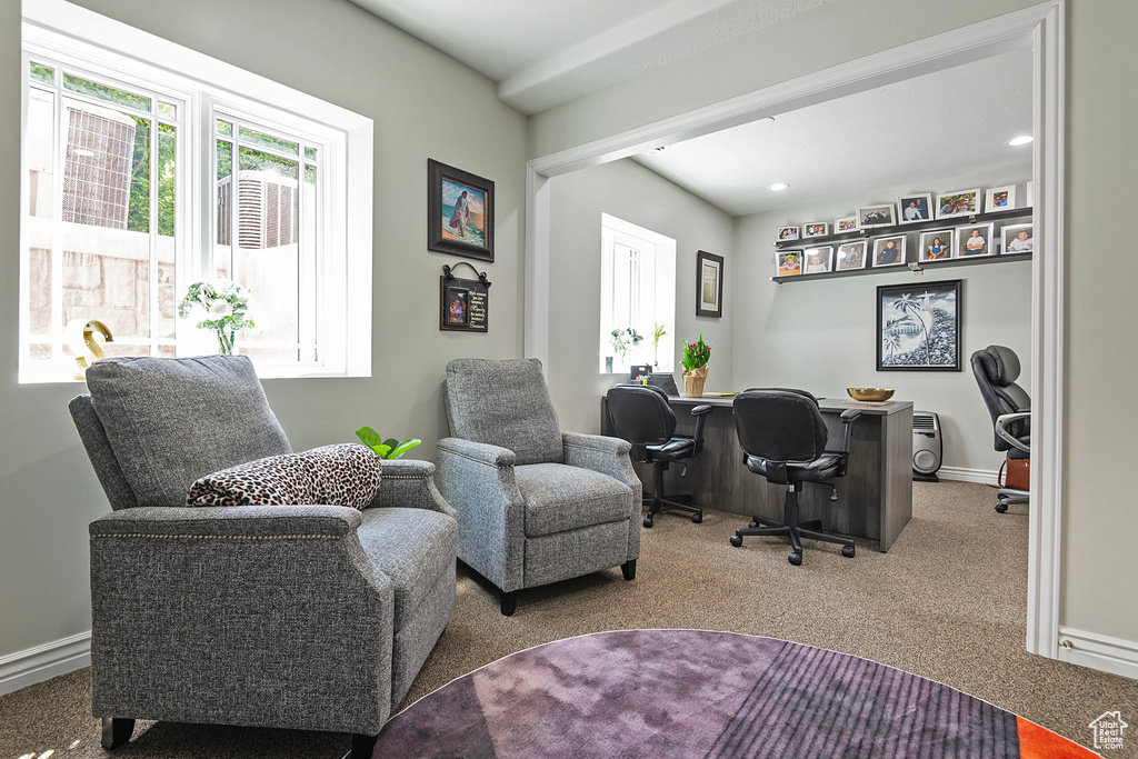 Home office featuring carpet flooring, baseboards, and recessed lighting