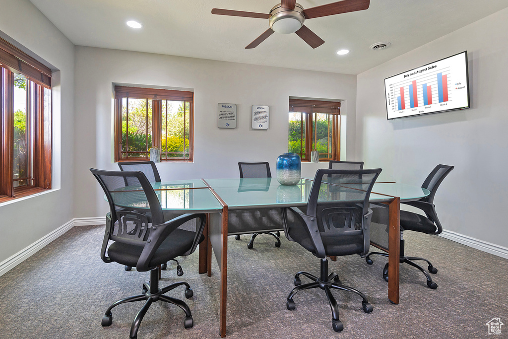 Office with carpet flooring, baseboards, a ceiling fan, and recessed lighting