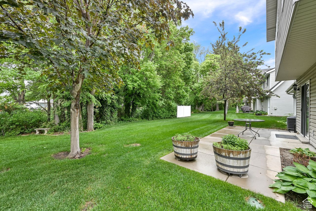 View of green lawn featuring a patio area
