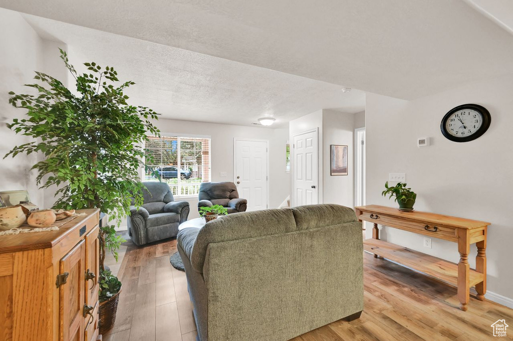 Living area with light wood finished floors and a textured ceiling