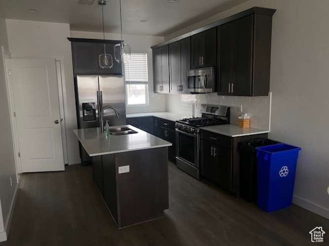 Kitchen with appliances with stainless steel finishes, a sink, a kitchen island with sink, light countertops, and backsplash