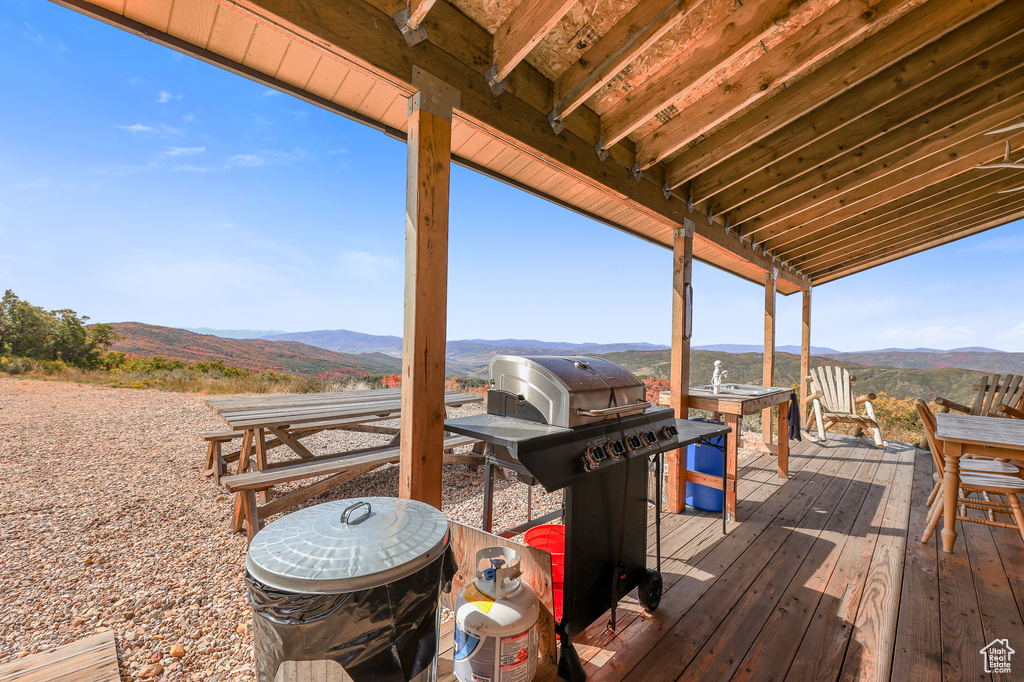 Deck featuring a mountain view and grilling area