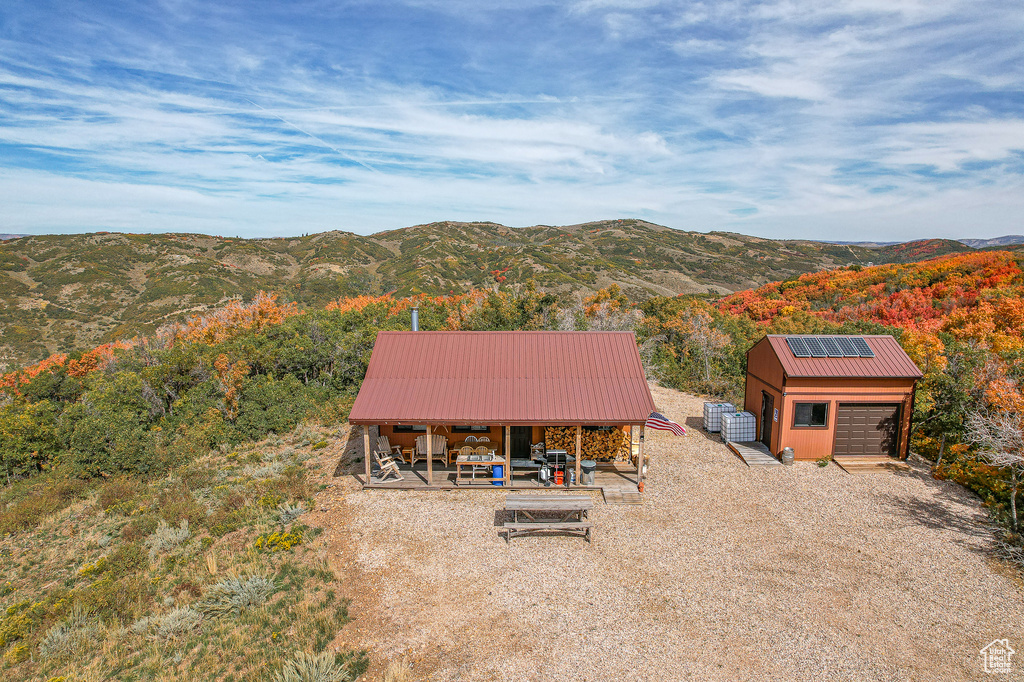 View from above of property featuring a mountain backdrop