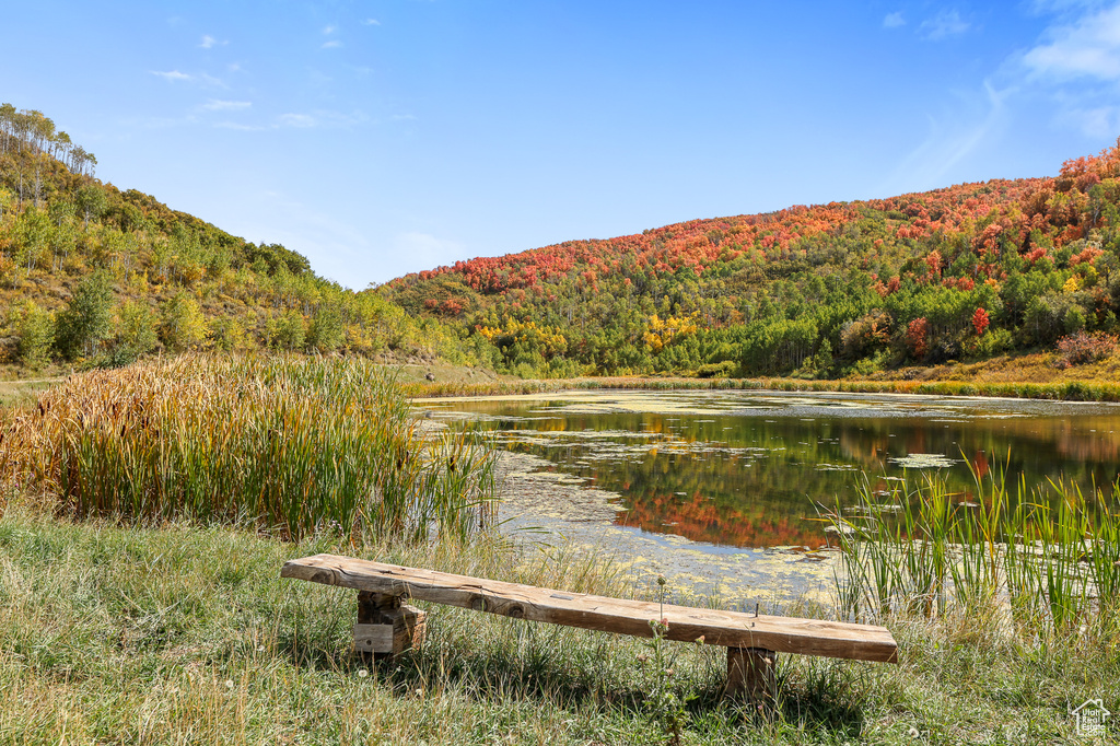 View of mountain backdrop featuring a forest and a large body of water