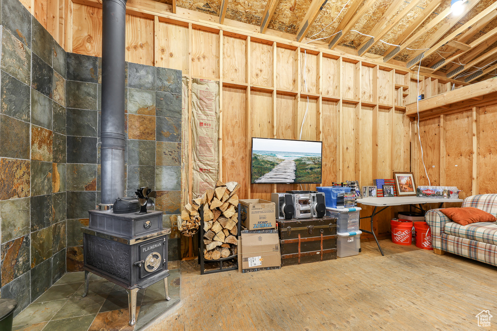 Below grade area with a wood stove