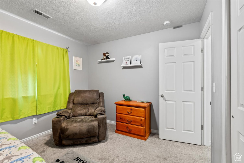 Carpeted bedroom with a textured ceiling and baseboards