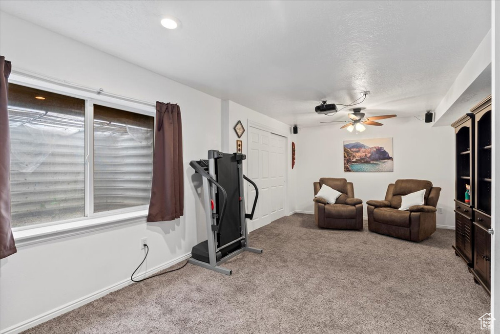 Exercise area with carpet flooring, a ceiling fan, baseboards, and a textured ceiling