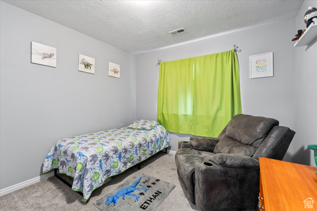 Bedroom featuring carpet flooring, baseboards, and a textured ceiling
