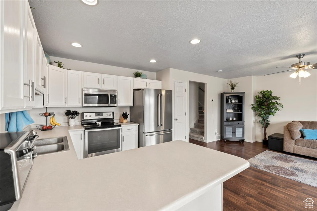 Kitchen featuring stainless steel appliances, light countertops, open floor plan, dark wood-type flooring, and a sink
