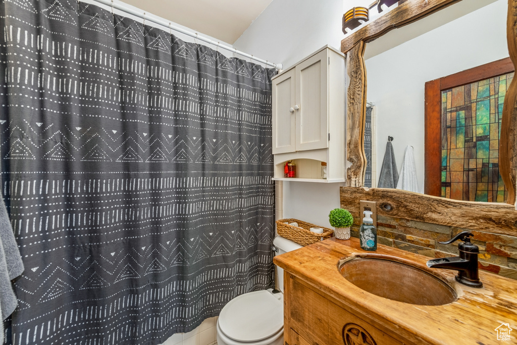 Full bathroom featuring vanity, toilet, and a shower with shower curtain