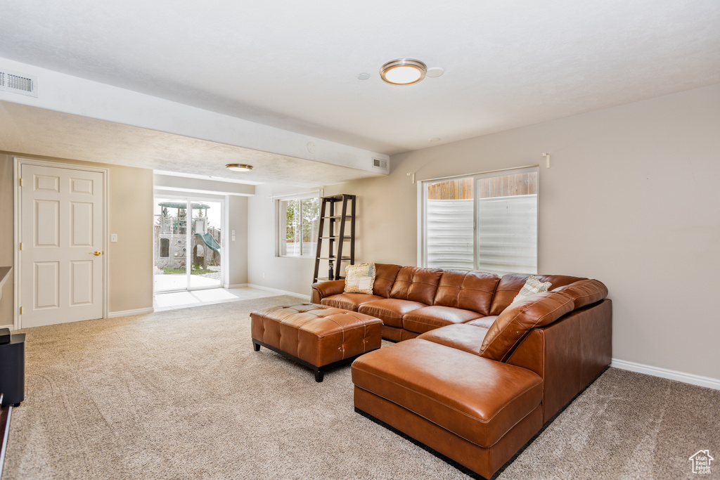 Living room featuring carpet floors and baseboards