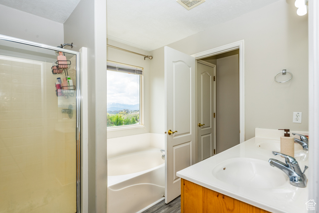 Full bathroom featuring a shower stall, a bath, wood finished floors, and double vanity