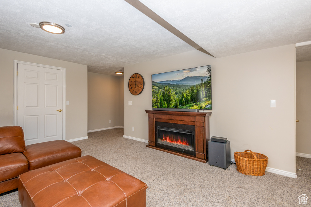 Living room featuring carpet, a glass covered fireplace, baseboards, and a textured ceiling