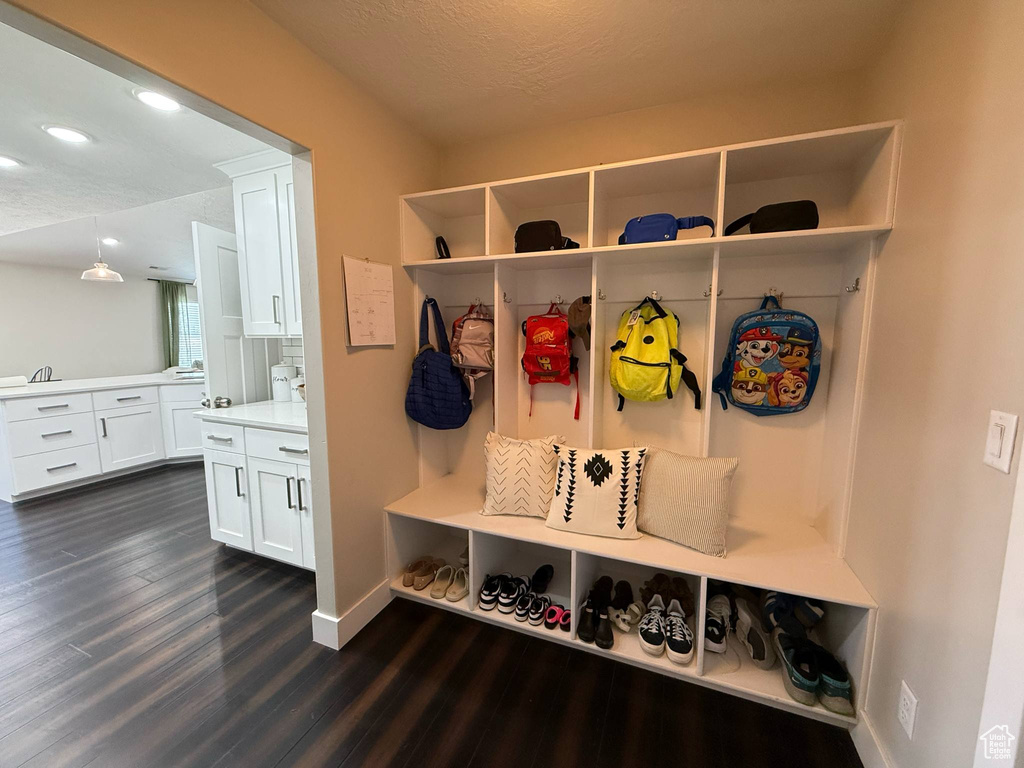 Mudroom with dark wood-style flooring, baseboards, recessed lighting, a sink, and a textured ceiling