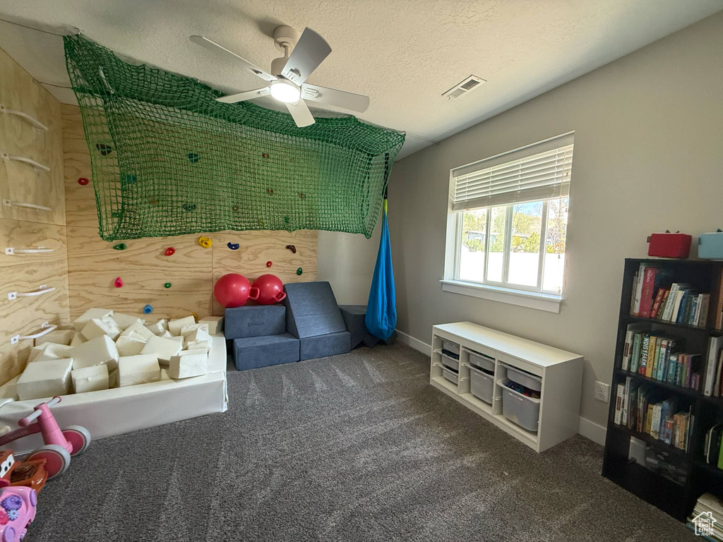 Recreation room with carpet, ceiling fan, baseboards, and a textured ceiling