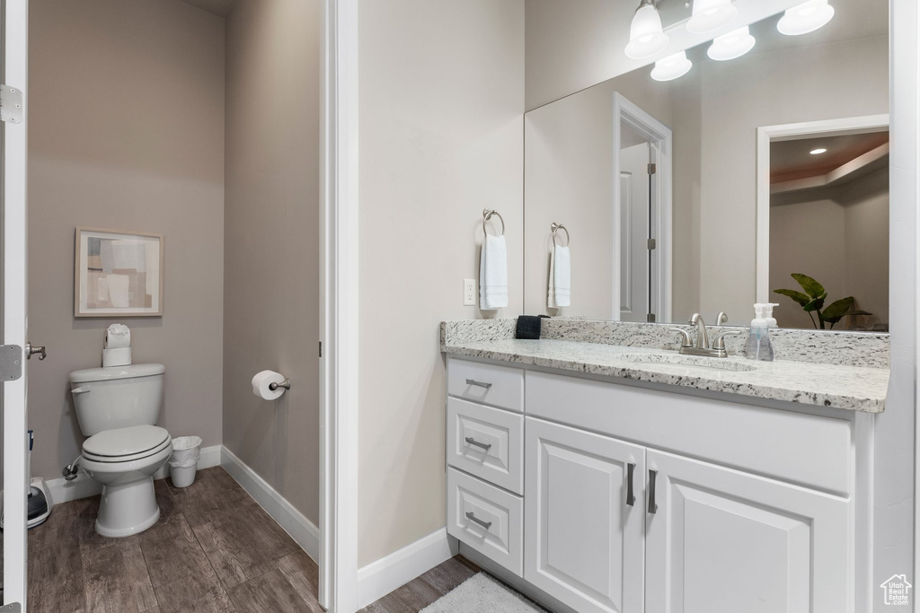 Bathroom with wood finished floors, toilet, baseboards, and vanity
