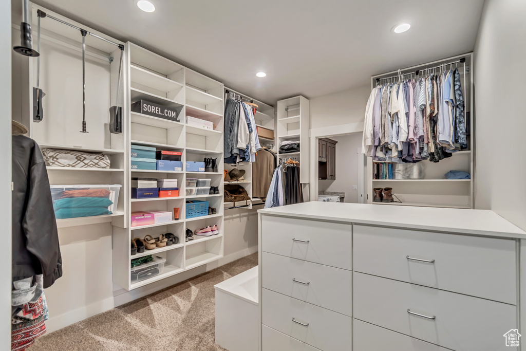 Spacious closet with light colored carpet