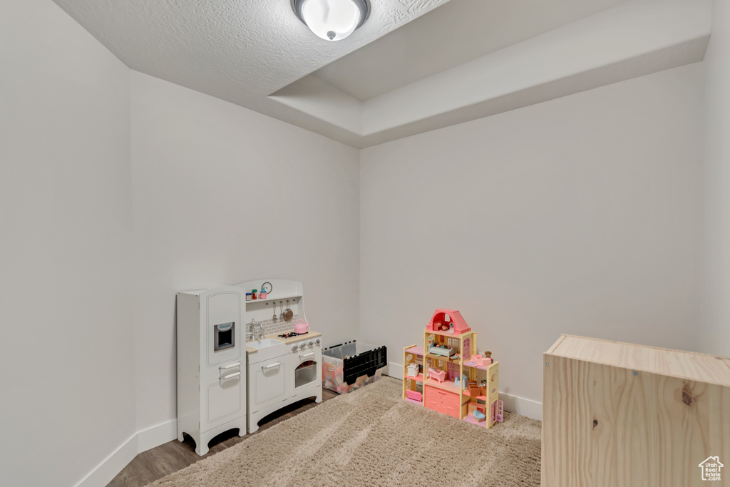Game room featuring baseboards and a textured ceiling