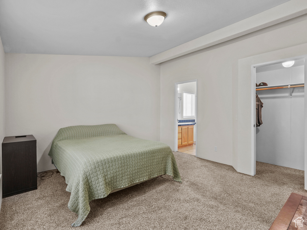 Bedroom with light colored carpet, a closet, a spacious closet, and connected bathroom