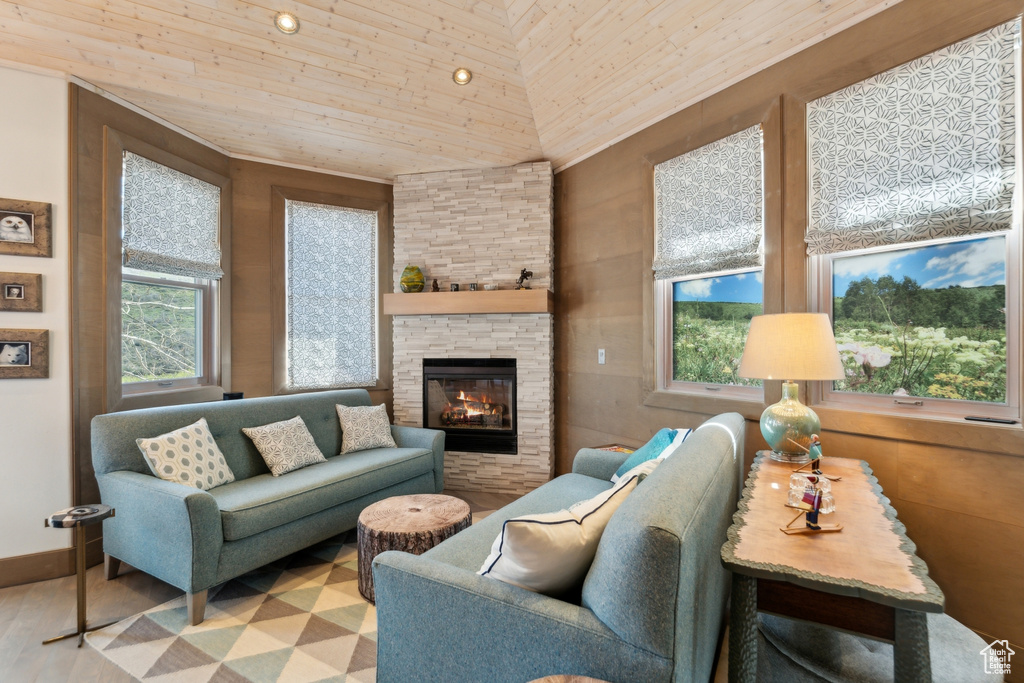 Living room featuring wooden ceiling, a fireplace, and wood finished floors