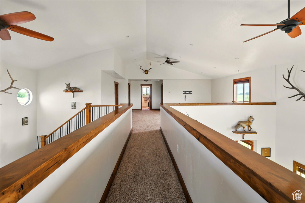 Hallway with an upstairs landing, carpet, and lofted ceiling