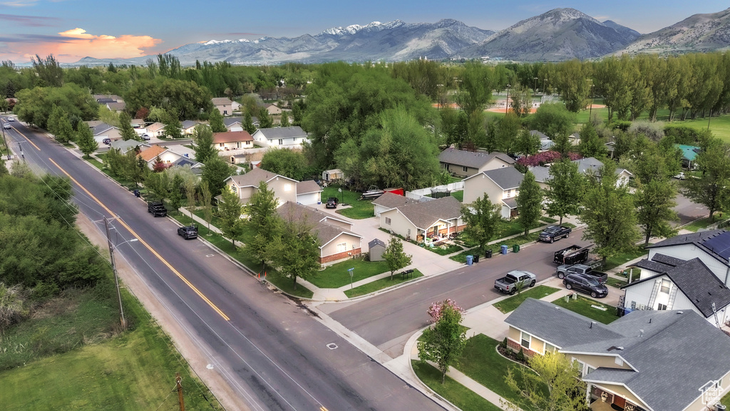 Aerial perspective of suburban area with mountains