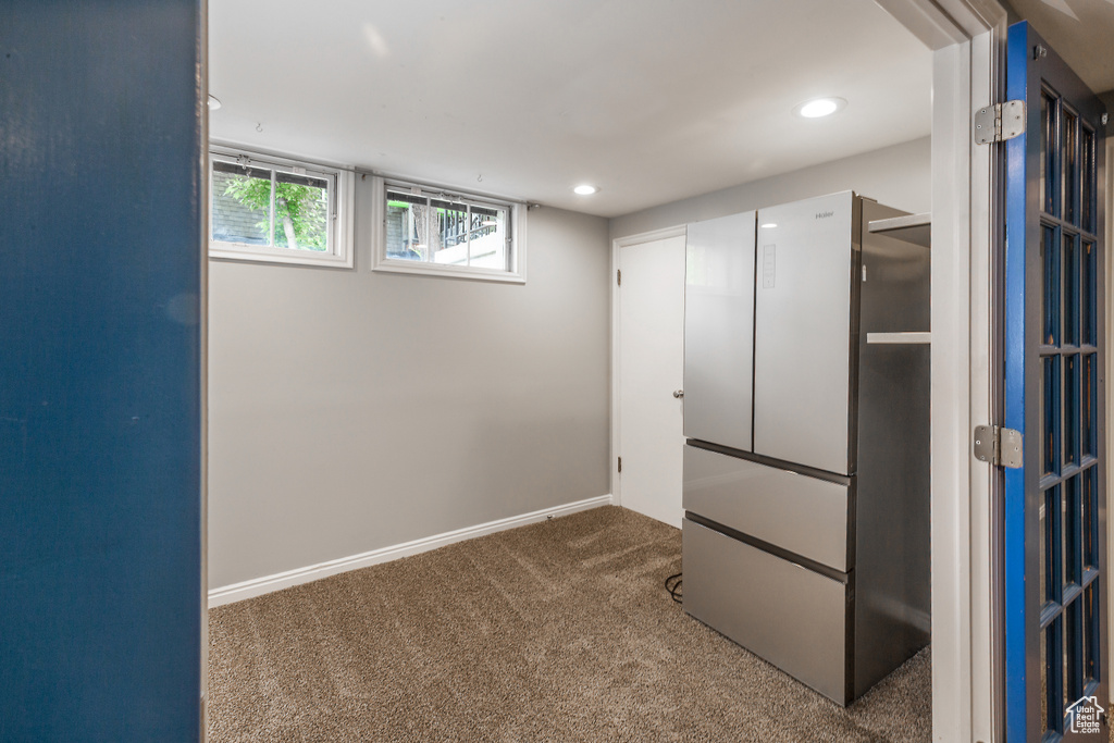 Below grade area featuring carpet, recessed lighting, and baseboards