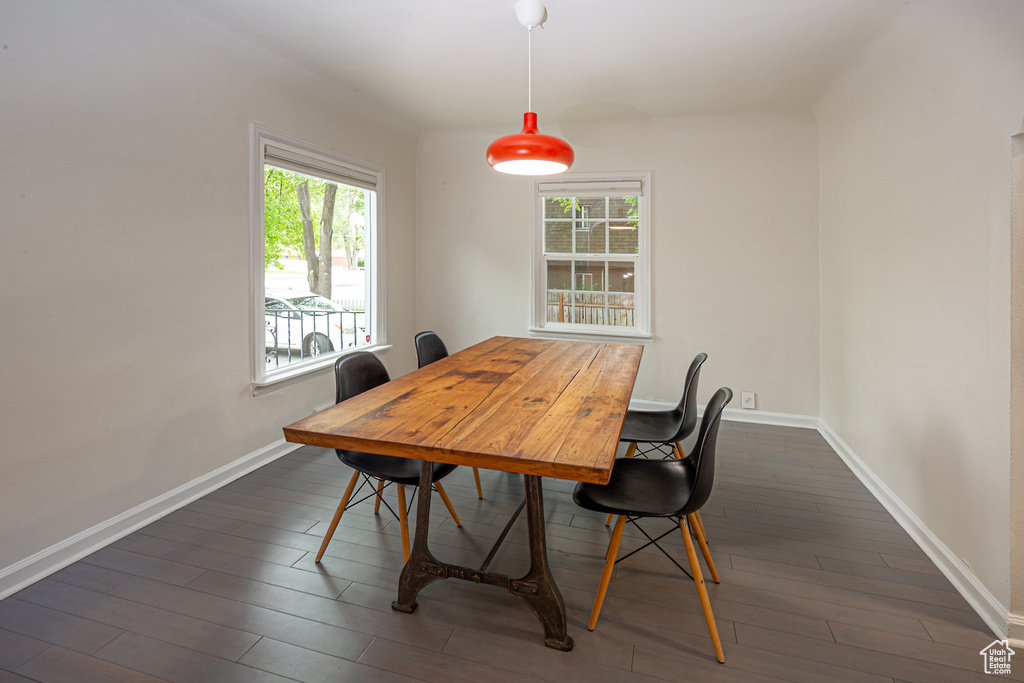 Dining space featuring dark wood-style floors, plenty of natural light, and baseboards