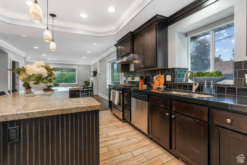 Kitchen featuring a sink, stainless steel appliances, under cabinet range hood, decorative backsplash, and dark brown cabinetry