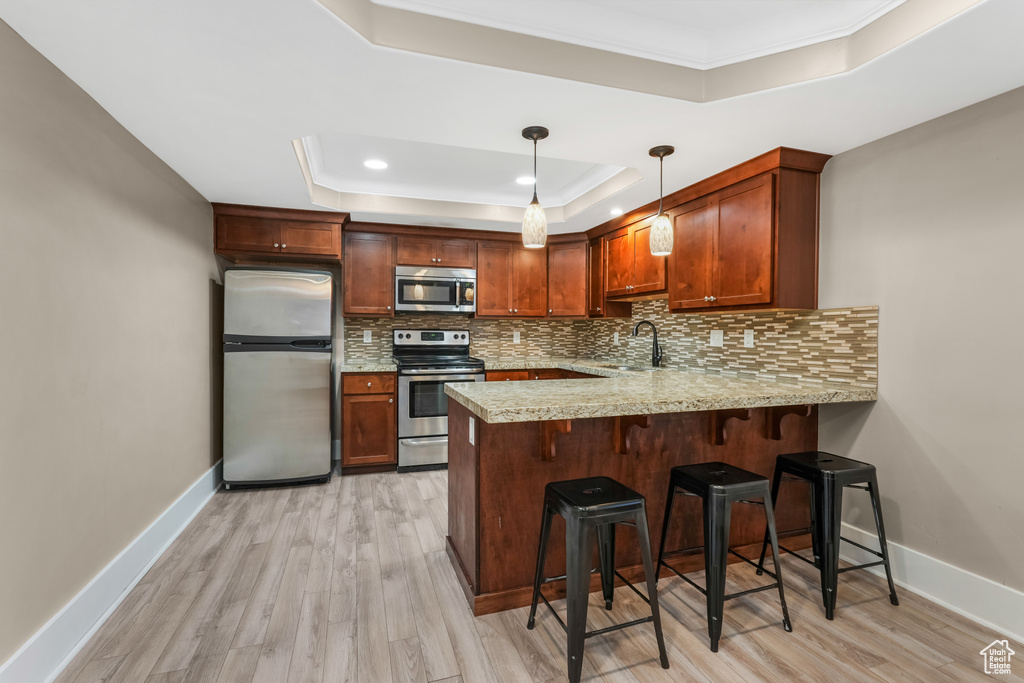 Kitchen with appliances with stainless steel finishes, a raised ceiling, a peninsula, a sink, and tasteful backsplash
