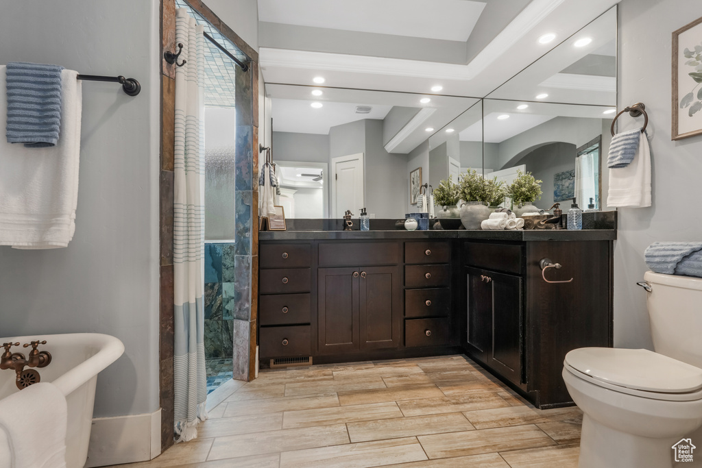Bathroom featuring toilet, recessed lighting, a shower stall, vanity, and a freestanding bath
