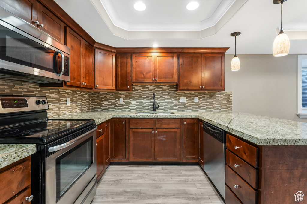 Kitchen featuring stainless steel appliances, a sink, a tray ceiling, a peninsula, and light wood finished floors