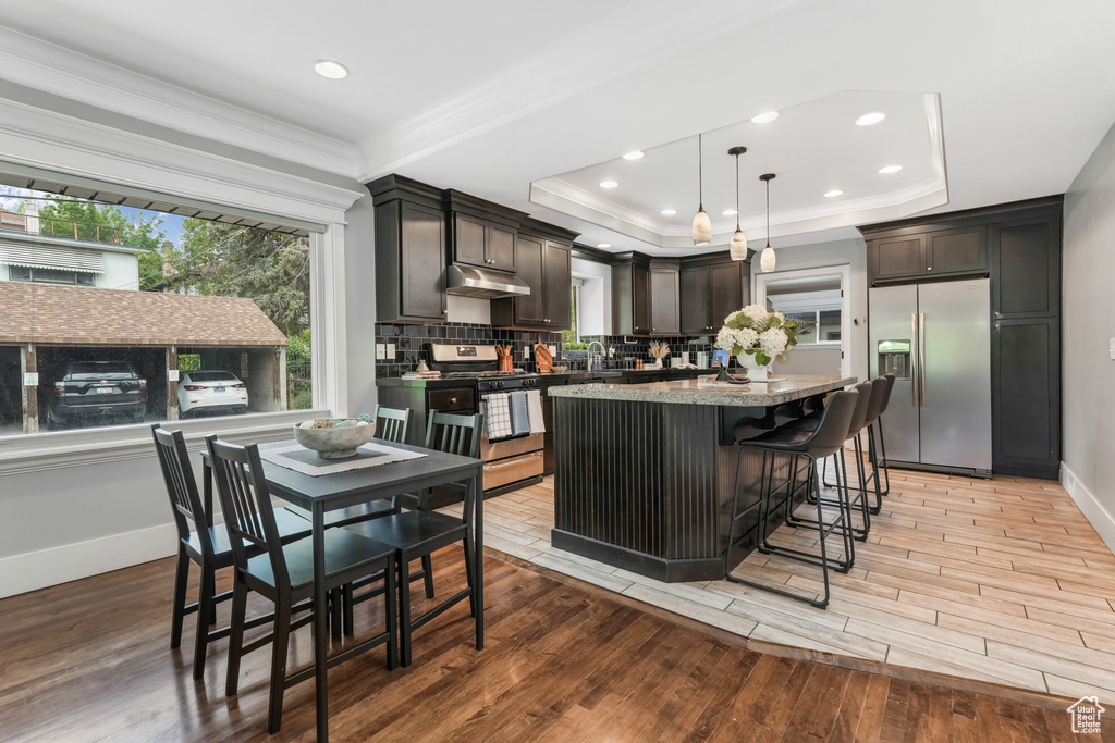 Kitchen featuring appliances with stainless steel finishes, under cabinet range hood, ornamental molding, a tray ceiling, and a kitchen island