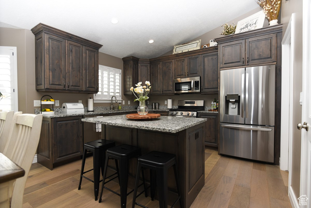 Kitchen with stainless steel appliances, dark brown cabinets, light wood-type flooring, vaulted ceiling, and a breakfast bar