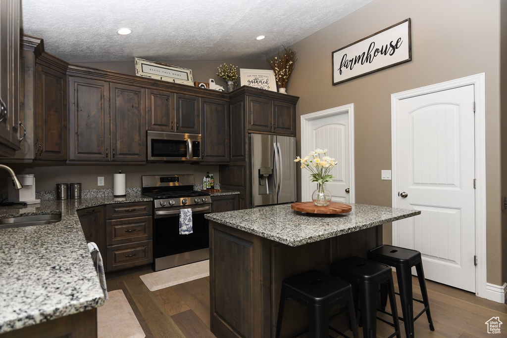 Kitchen with appliances with stainless steel finishes, lofted ceiling, a sink, dark brown cabinets, and a kitchen bar
