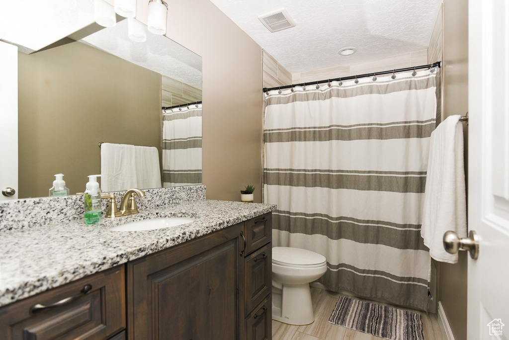 Bathroom with vanity, toilet, a textured ceiling, and a shower with shower curtain