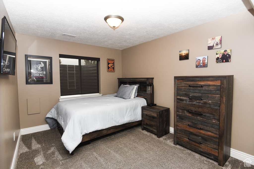 Bedroom with baseboards, carpet floors, and a textured ceiling