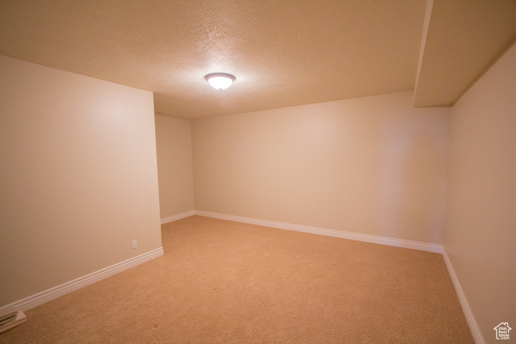 Empty room featuring light carpet, a textured ceiling, and baseboards