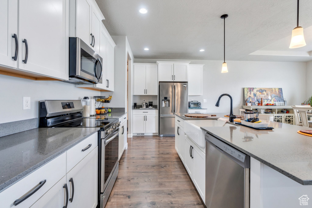 Kitchen featuring appliances with stainless steel finishes, a sink, recessed lighting, wood finished floors, and white cabinetry