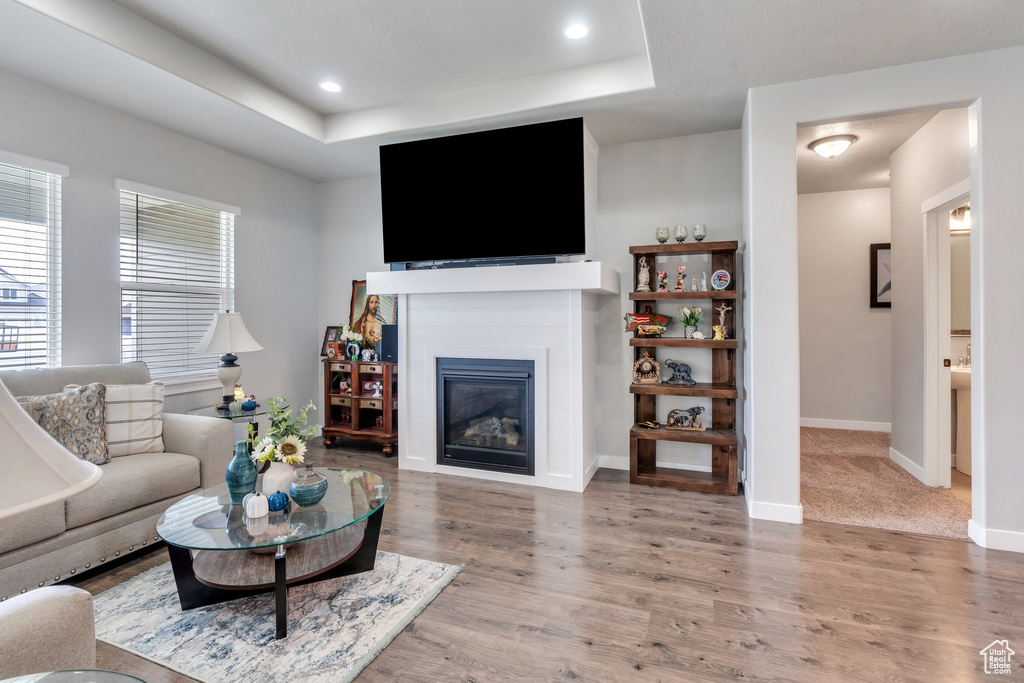 Living room featuring a raised ceiling, a glass covered fireplace, wood finished floors, baseboards, and recessed lighting