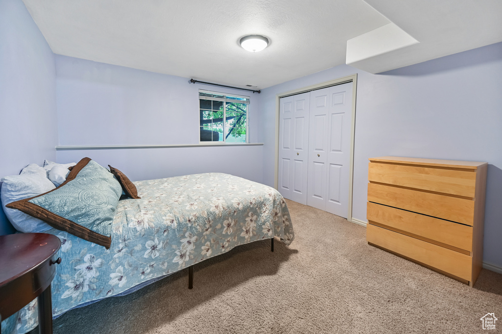 Carpeted bedroom with a closet and baseboards