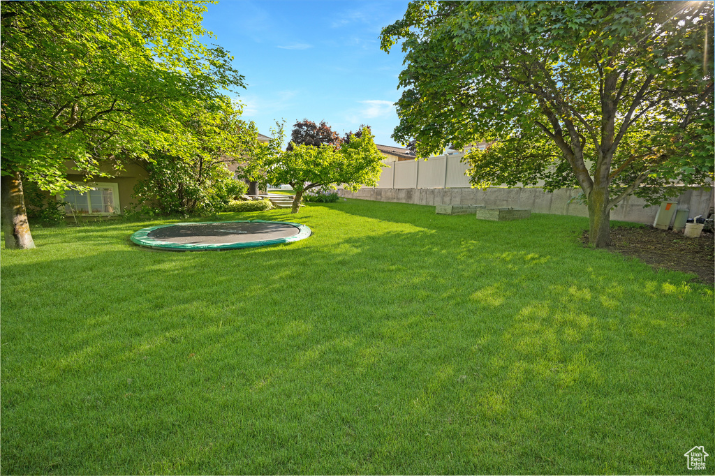View of yard featuring a trampoline