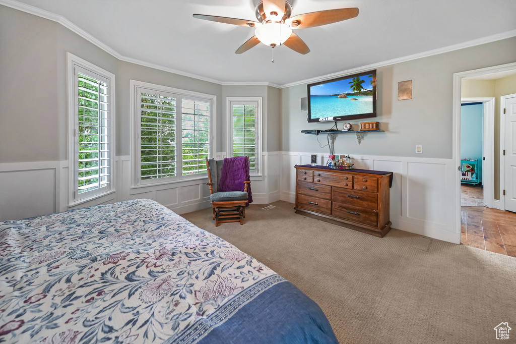 Carpeted bedroom with crown molding, a wainscoted wall, and a ceiling fan
