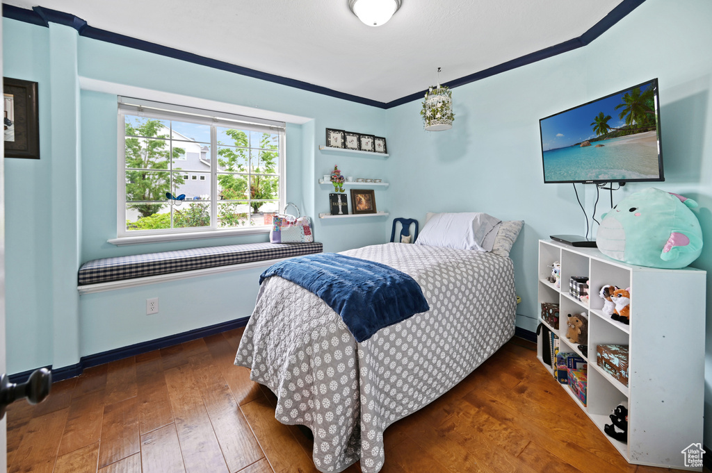Bedroom with hardwood / wood-style floors and baseboards