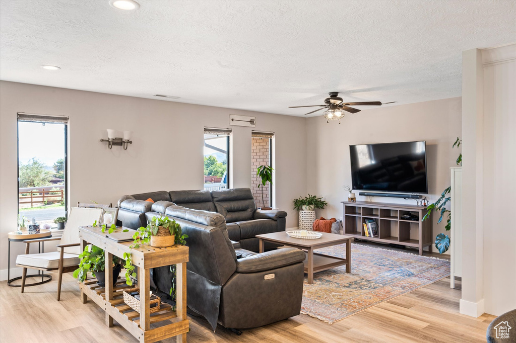 Living room with plenty of natural light, a ceiling fan, light wood-style flooring, a textured ceiling, and baseboards