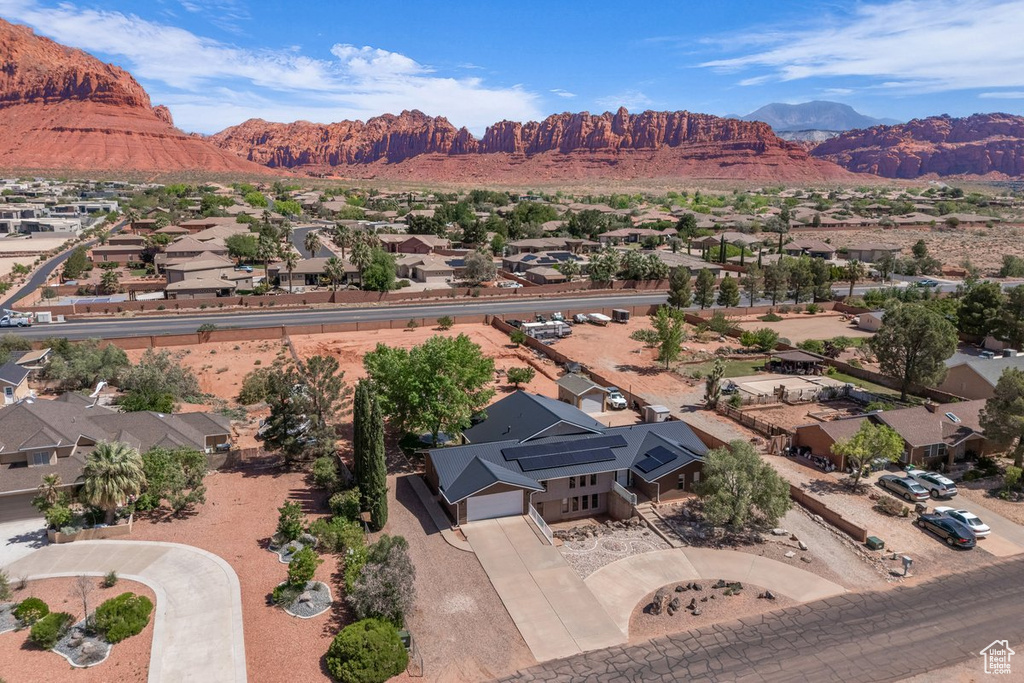 Aerial perspective of suburban area featuring mountains