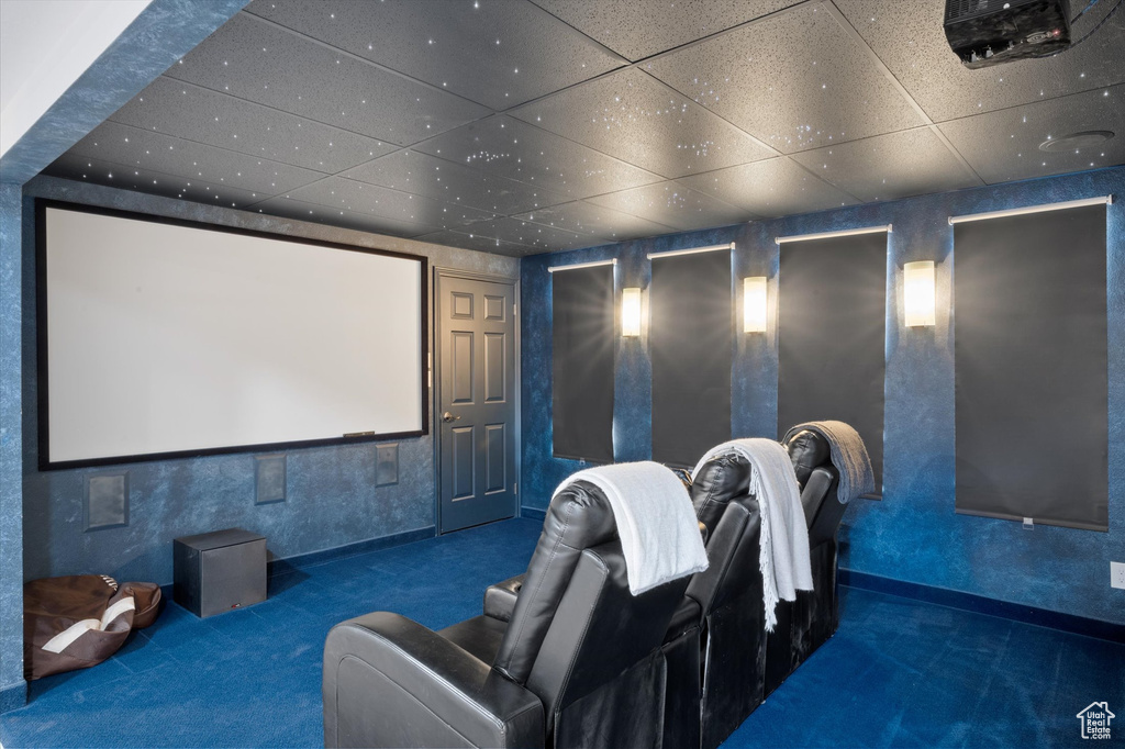 Cinema featuring carpet flooring and a drop ceiling