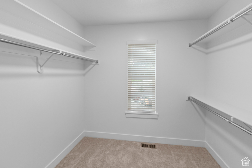 Walk in closet featuring light colored carpet